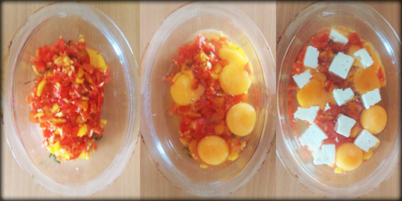 Ingredients-progression Chopped veg first, then add the eggs, then the feta, and finally the spices