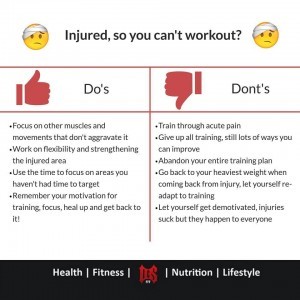 Injured, so you can’t workout? Do: focus on other muscles & movements that don’t aggravate it; work on flexibility and strengthening the injured area; use time to focus on areas you haven’t had time to target; remember your motivation for training, focus heal up & get back to it. Don’t: Train through acute pain; give up all training, still lots of ways you can improve; abandon your entire training plan; go back to your heaviest weight when coming back from injury; Let yourself get demotivated, injuries suck but they happen to everyone.