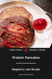 Protein Pancakes and Raspberry Jam on top and on the side
